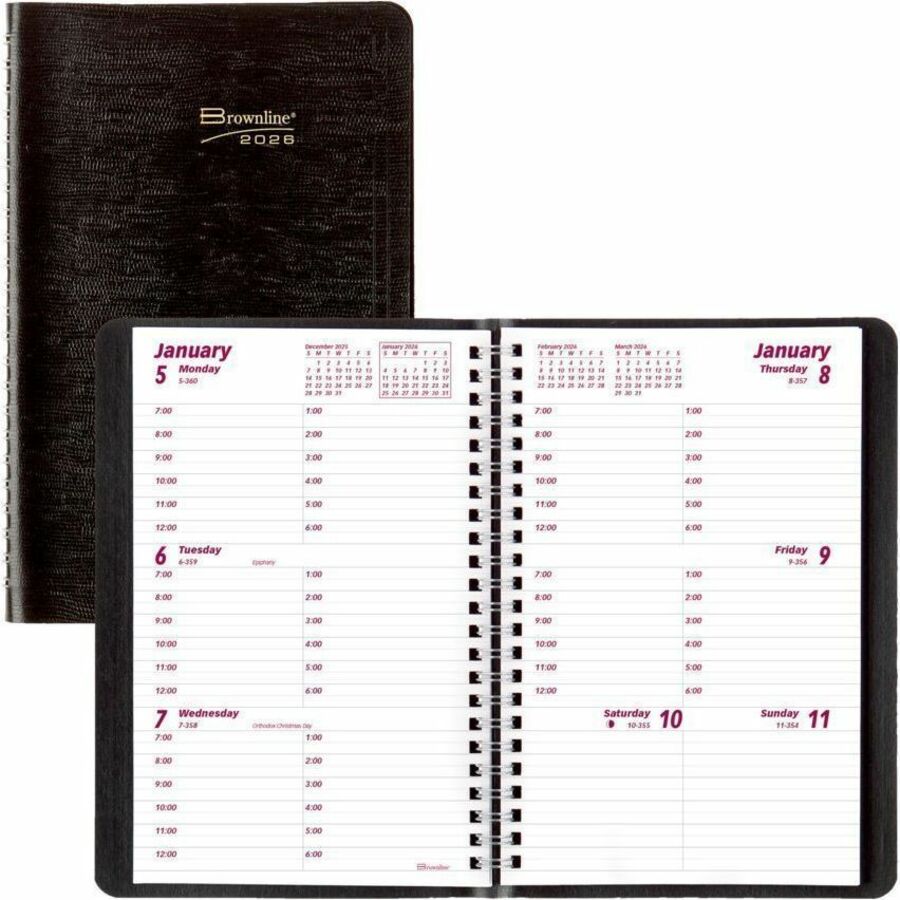 Brownline® Essential Weekly Diary Twin Wire Flexible Cover 8x5" English Black