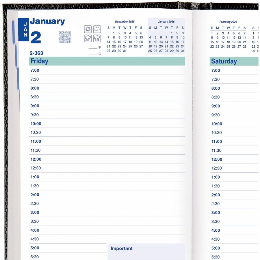 Blueline 2026 Essential 12-Month Daily Planner - January to December - 8" x 5" - Black - English