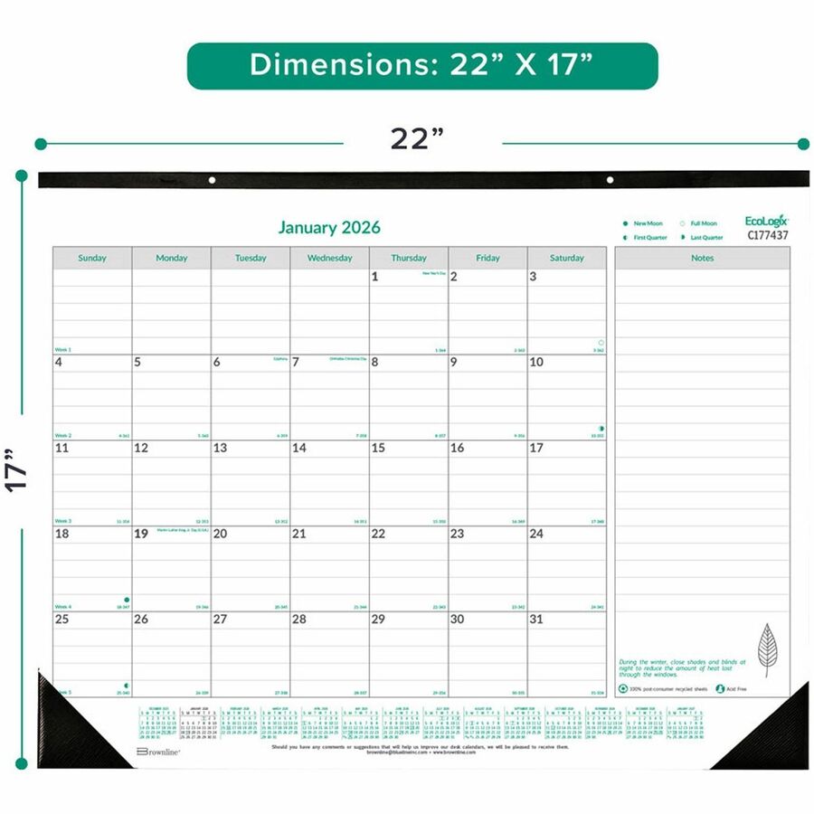 Brownline Ecologix Monthly Desk Pad Calendar 22"x 17" , English