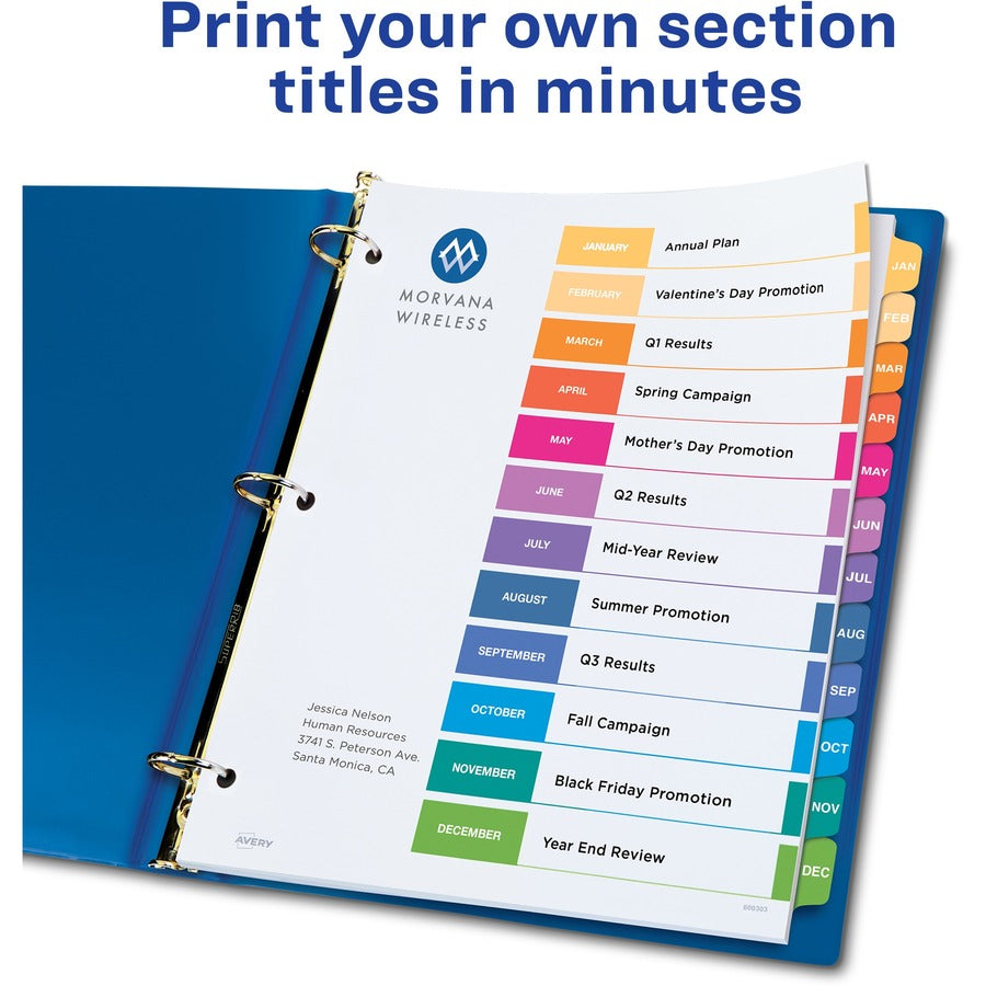Avery® Ready Index(R) Monthly Dividers, Customizable Table of Contents, Classic Multicolor Tabs, 1 Set (11127)