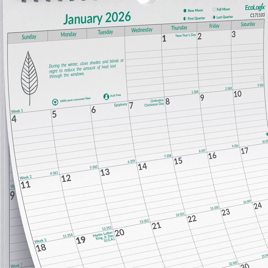 Brownline 2026 EcoLogix 12-Month Monthly Wall Calendar - January to December - 12" x 17" - English