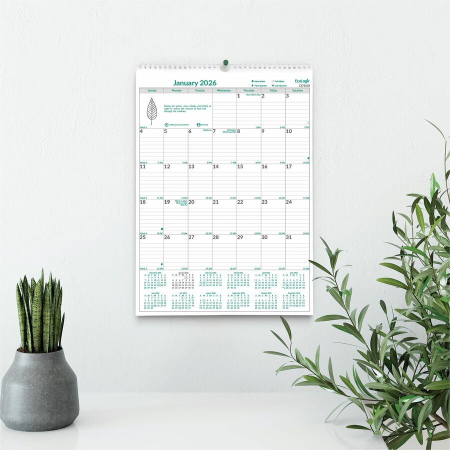 Brownline 2026 EcoLogix 12-Month Monthly Wall Calendar - January to December - 12" x 17" - English