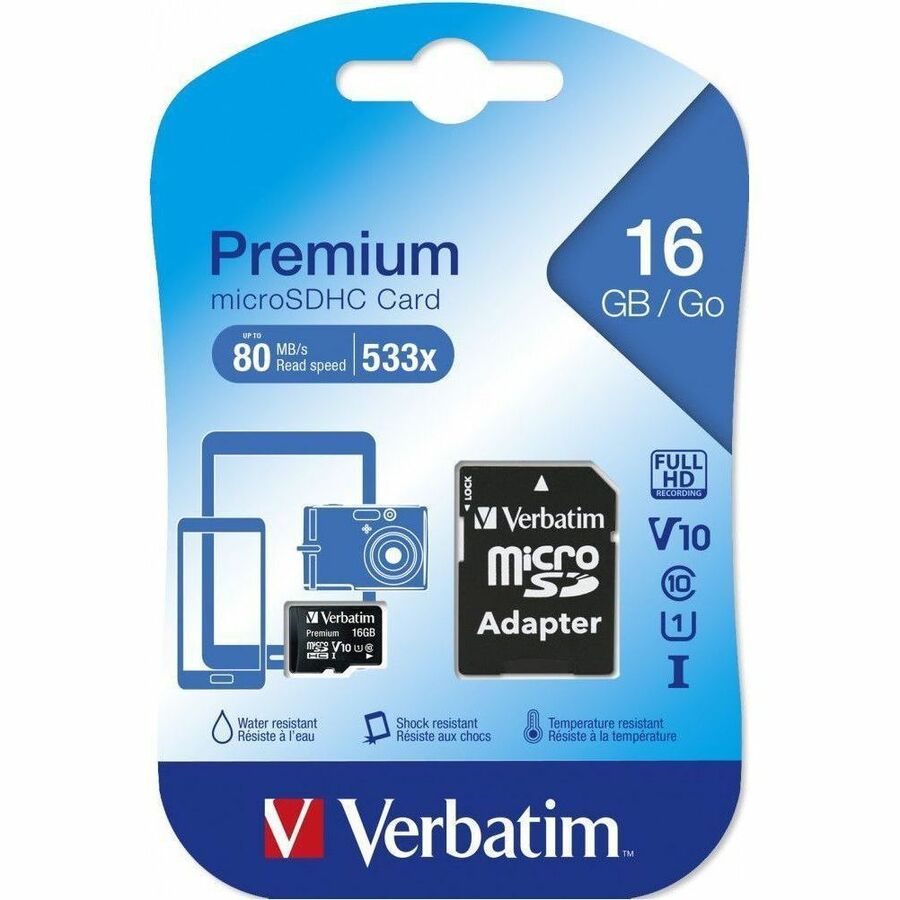 Verbatim 16GB Premium microSDHC Memory Card with Adapter, UHS-I V10 U1 Class 10
