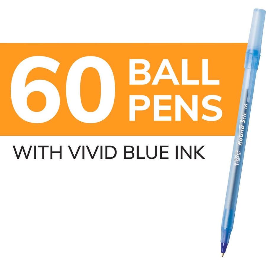 BIC Round Stic Extra Life Blue Ballpoint Pens, Medium Point (1.0mm), 60-Count Pack of Bulk Pens, Flexible Round Barrel for Writing Comfort, No. 1 Selling Ballpoint Pens
