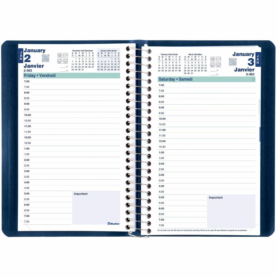 Blueline 2026 Essential 12-Month Daily Planner - January to December - 8" x 5" - Navy Blue - Bilingual