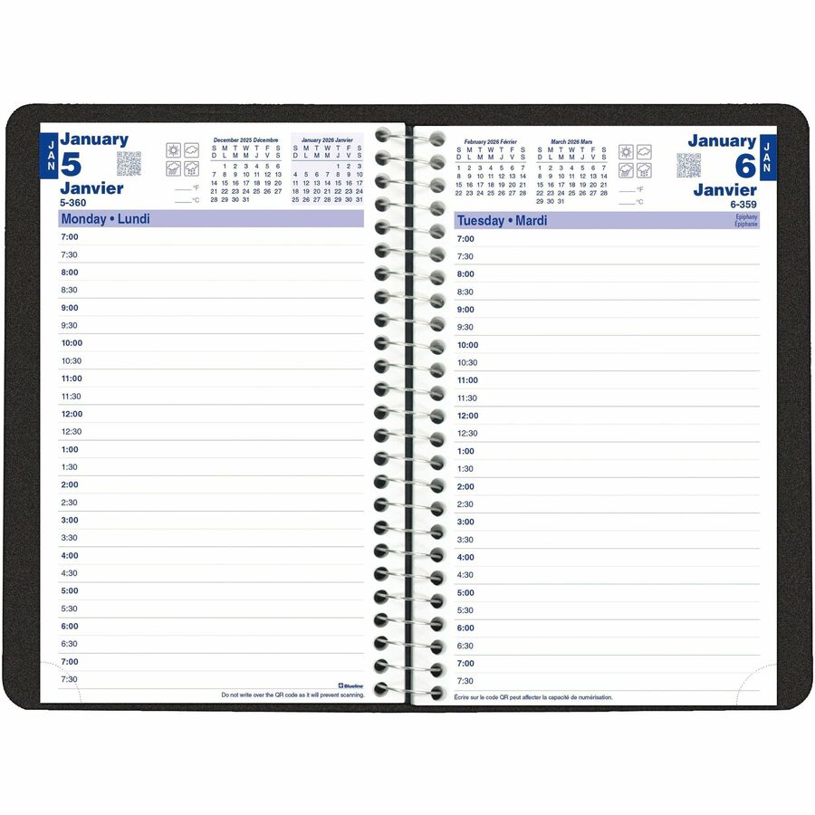 Blueline 2026 Essential 12-Month Daily Appointment Planner - January to December - 8" x 5" - Black - Bilingual