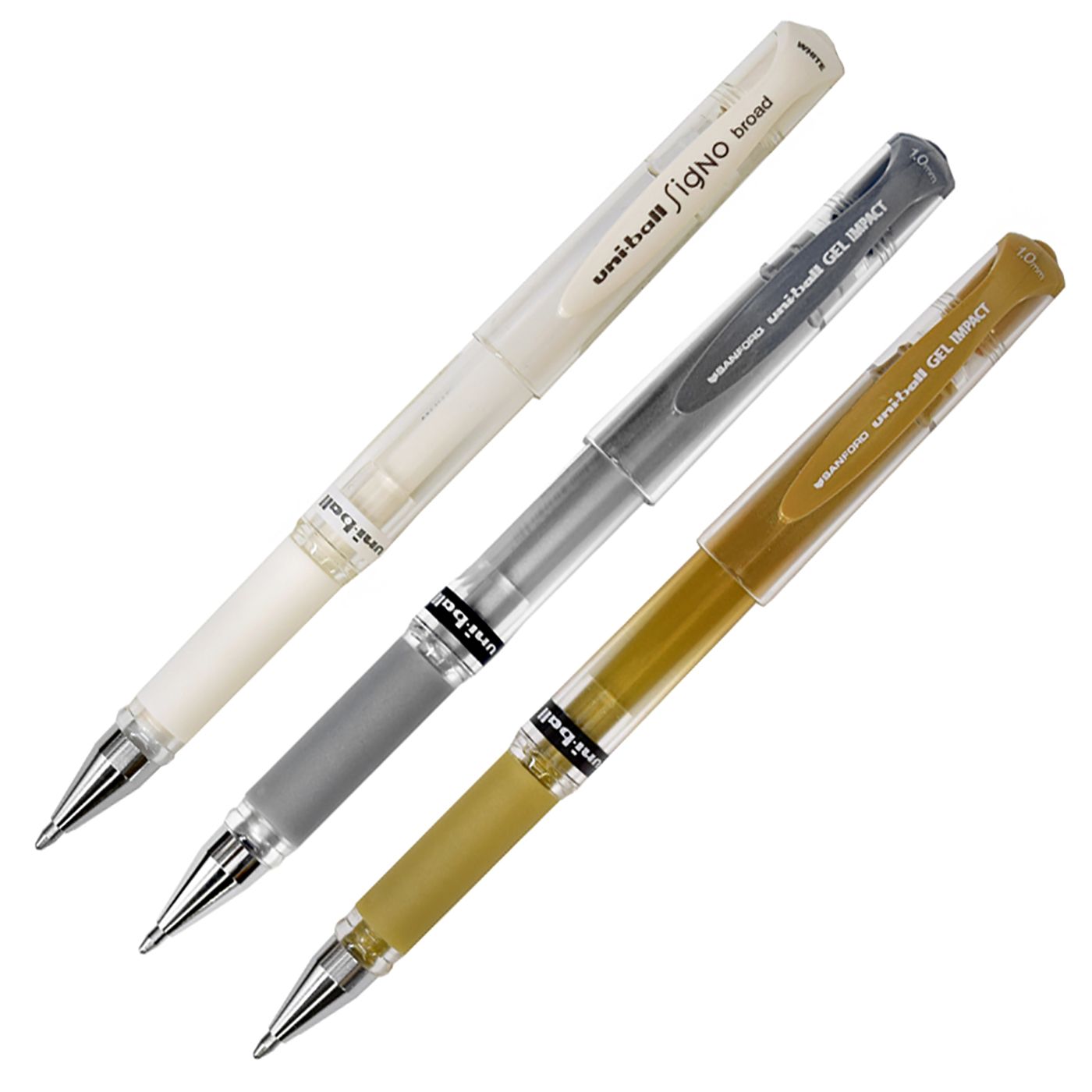 Uniball Gel Impact Pens w/ Cap -  1mm Bold Gold/Silve/White