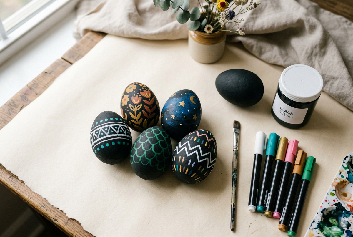 Black craft eggs decorated with colourful paint marker designs