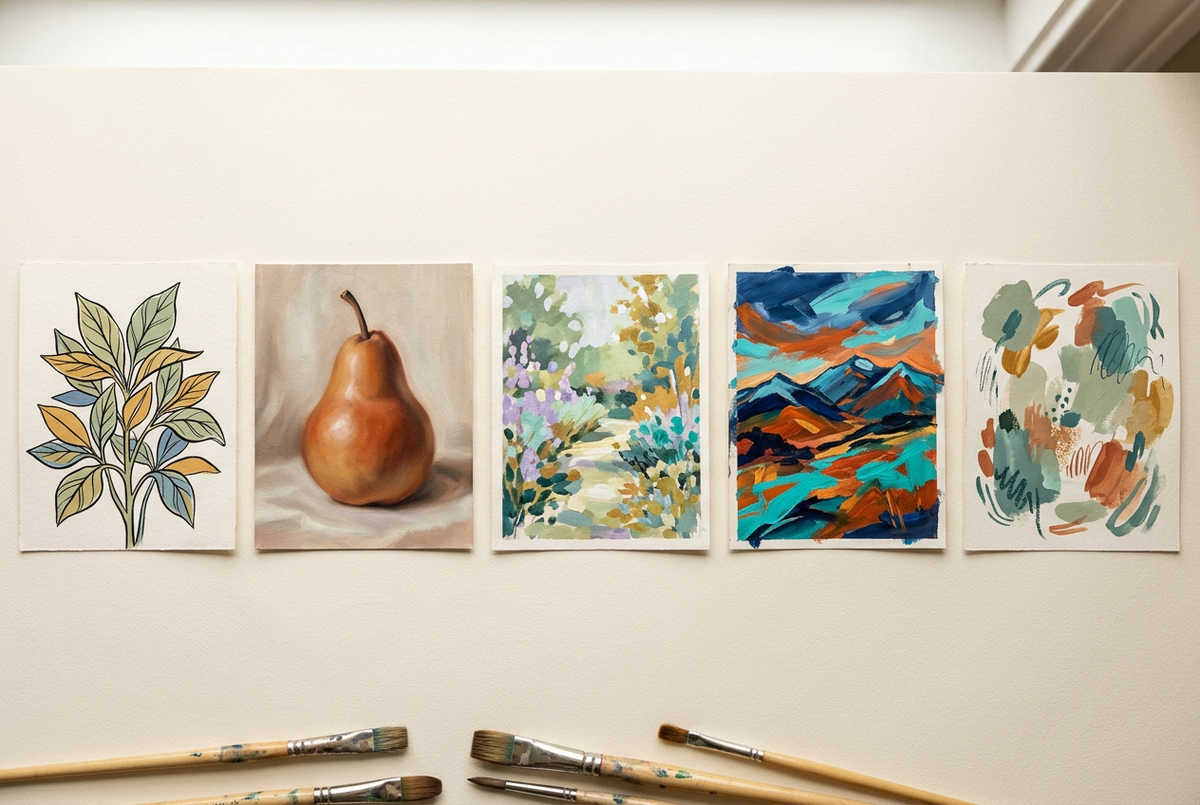 Five art studies showing different painting styles on an artist's tabletop