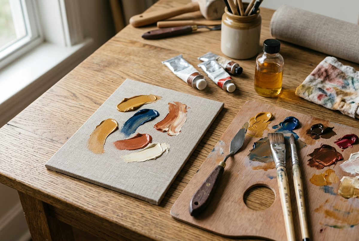 Oil painting materials and textured paint strokes in an artist's studio