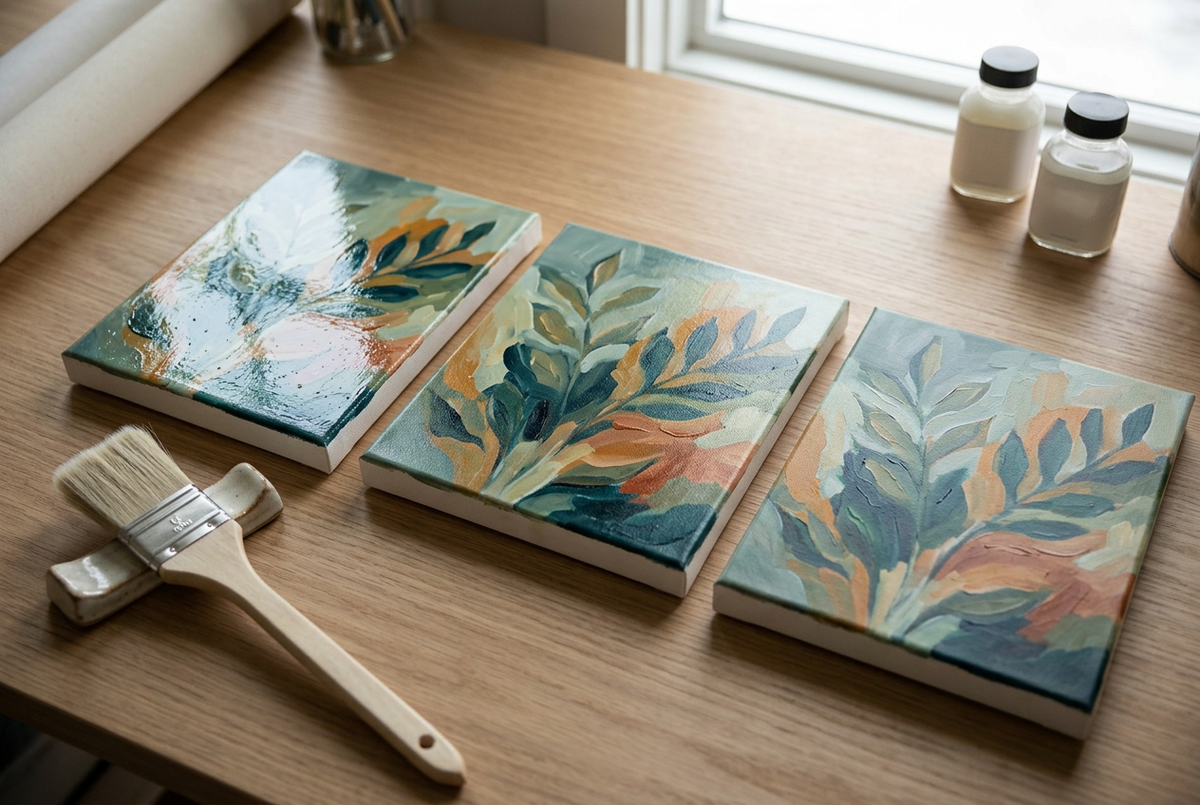 Painted canvas panels with different varnish finishes and a varnishing brush