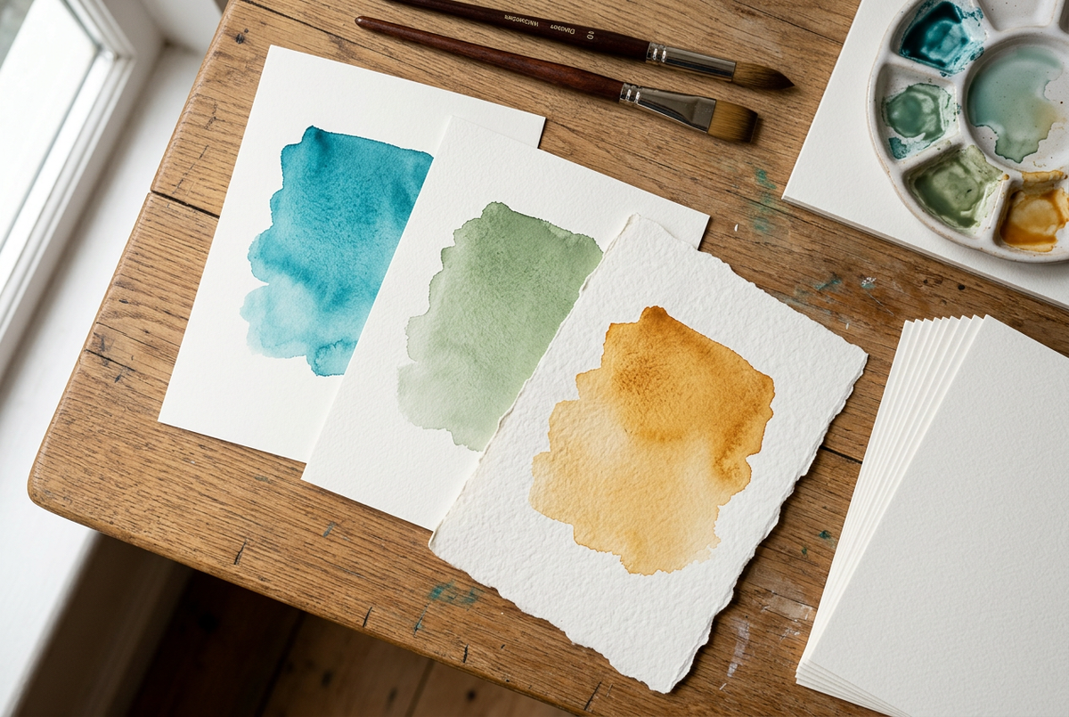 Watercolour paper with colourful washes and artist brushes