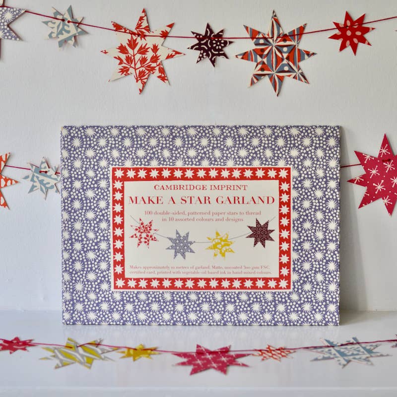 Cambridge Imprint Make a Star Garland card wallet surrounded by finished garlands of patterned paper stars