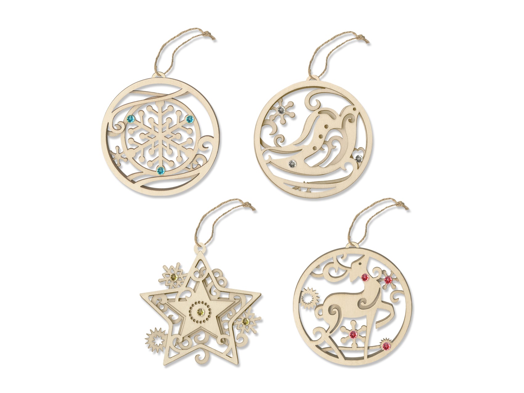 Holiday Gemmed Wood Ornaments 3.75"