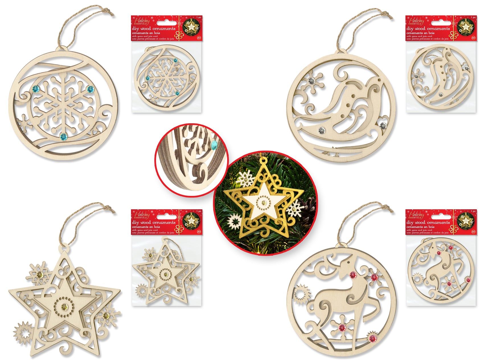 Holiday Gemmed Wood Ornaments 3.75"