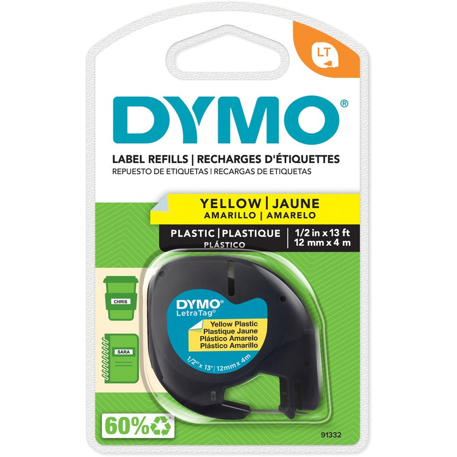 DYMO LetraTag Label Tape, 1/2 in (12 mm), Black on Yellow