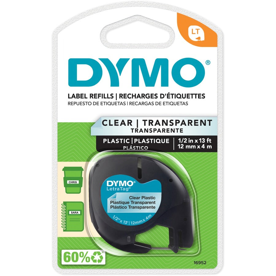 DYMO LetraTag Label Tape, 1/2 in (12 mm), Black on Clear