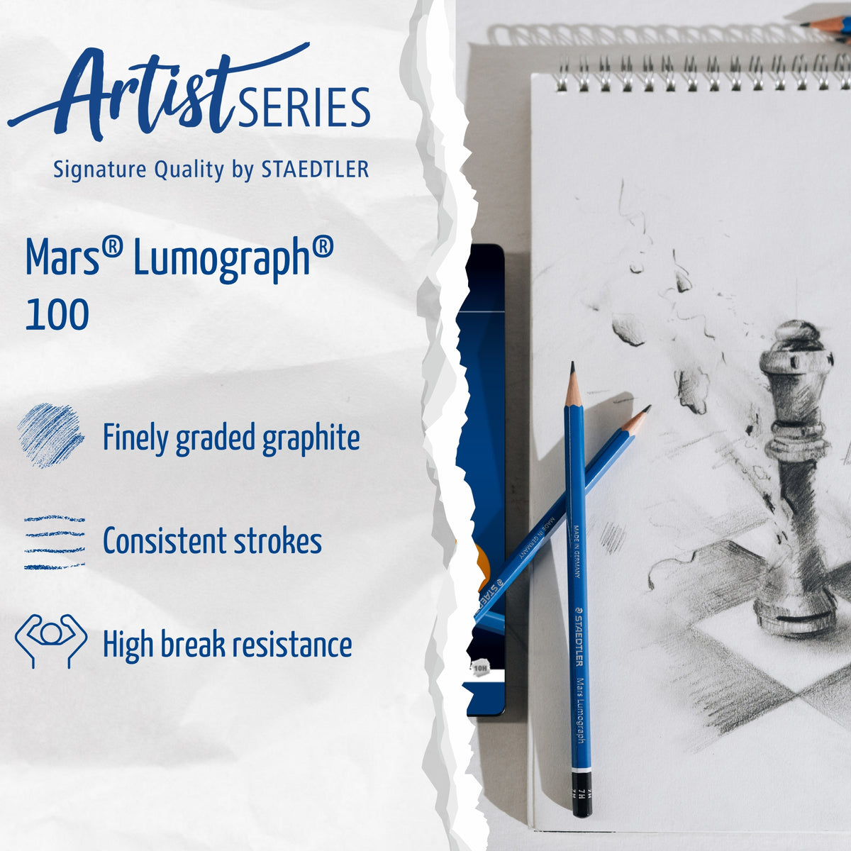 STAEDTLER Mars Lumograph features: break-resistant, finely graded graphite