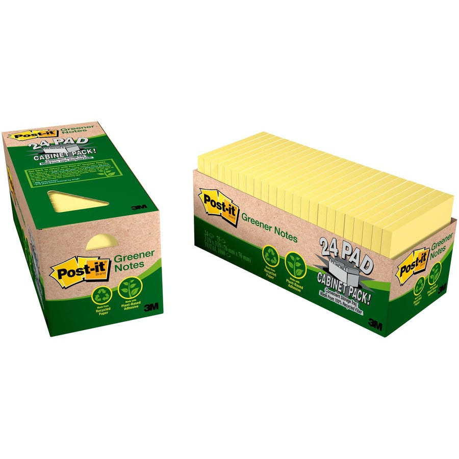 Post-it® Greener Adhesive Notes Cabinet Pack | 3×3 in. | Canary Yellow | 75 Sheets/Pad | 24 Pads/Pack