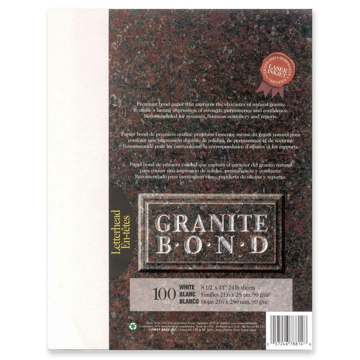 First Base Granite Bond Laser Paper - White, 24 lb, Letter, 100-Pack