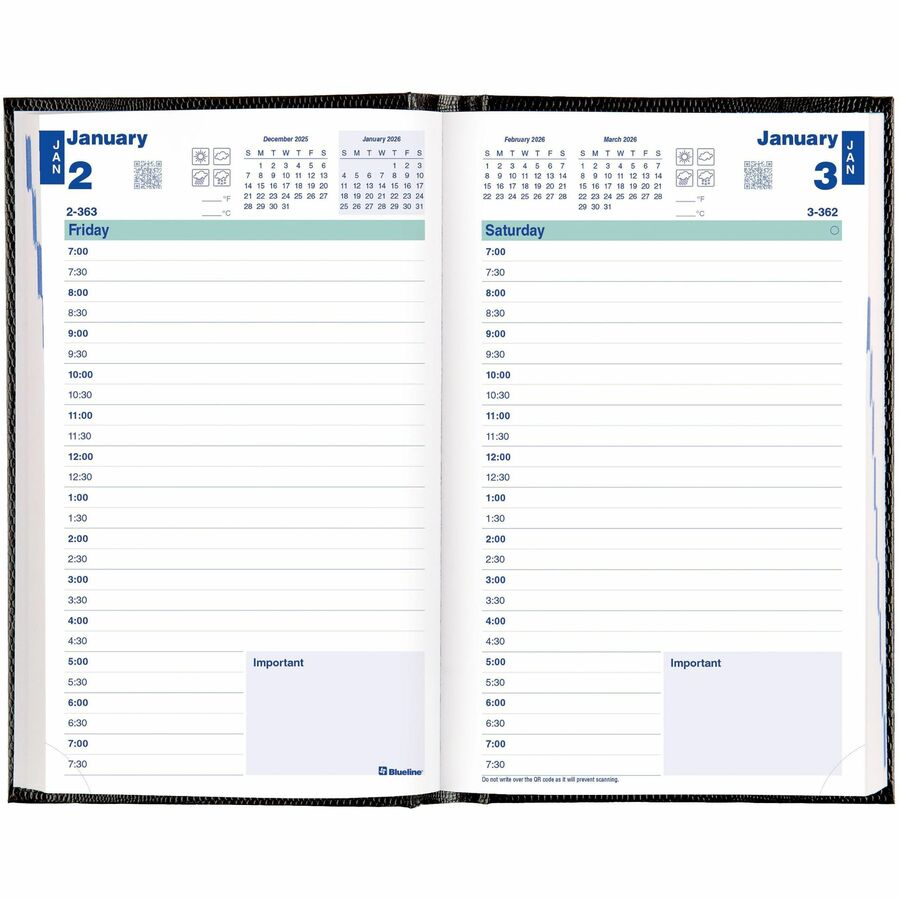 Blueline 2026 Essential 12-Month Daily Planner - January to December - 8" x 5" - Black - English