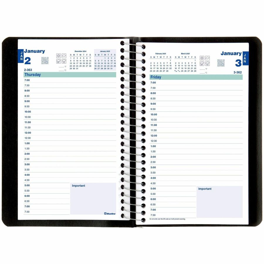 Blueline Daily Planner 8"x 5" Spiral Bind, English, Black