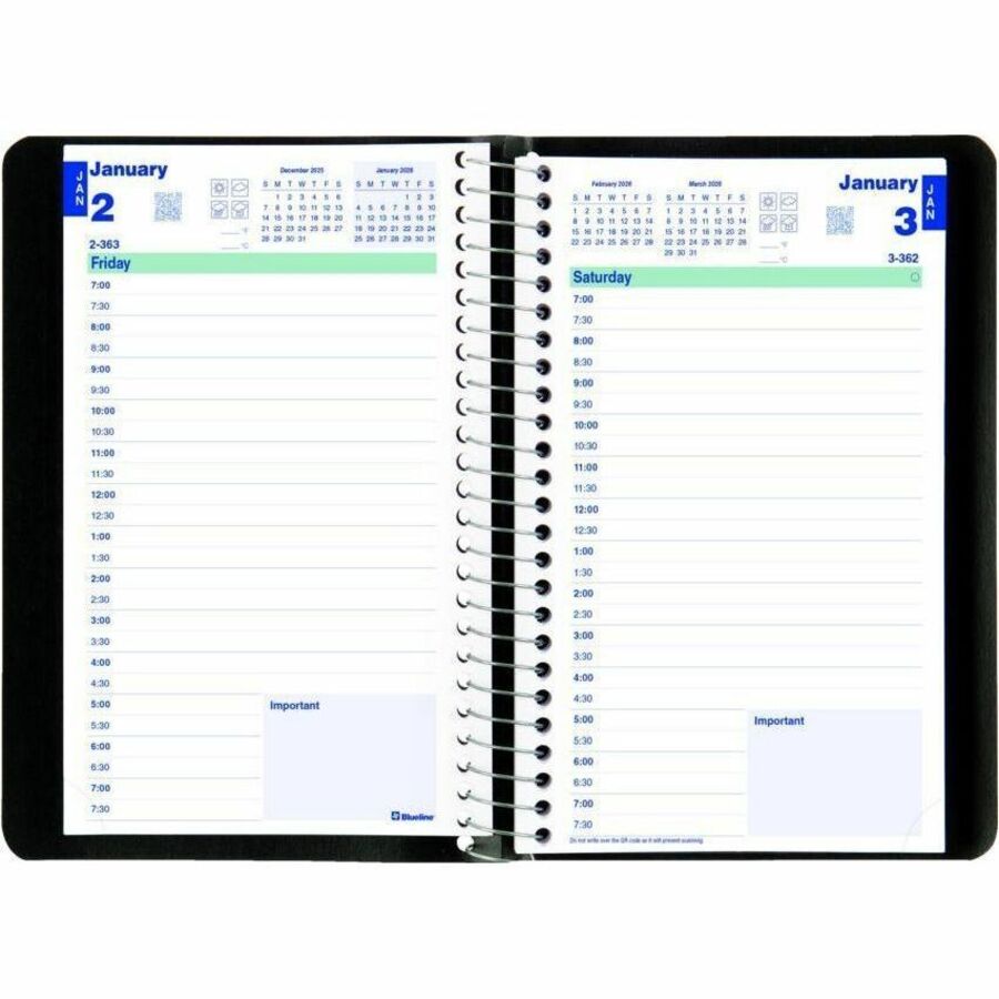 Blueline Daily Planner 8"x 5" Spiral Bind, English, Black