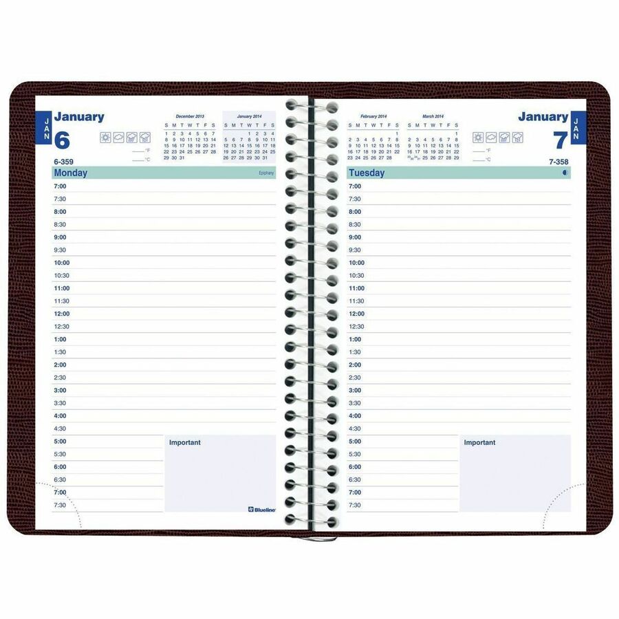 Blueline Daily Planner 8"x 5" Spiral Bind, English, Burgundy C150483T