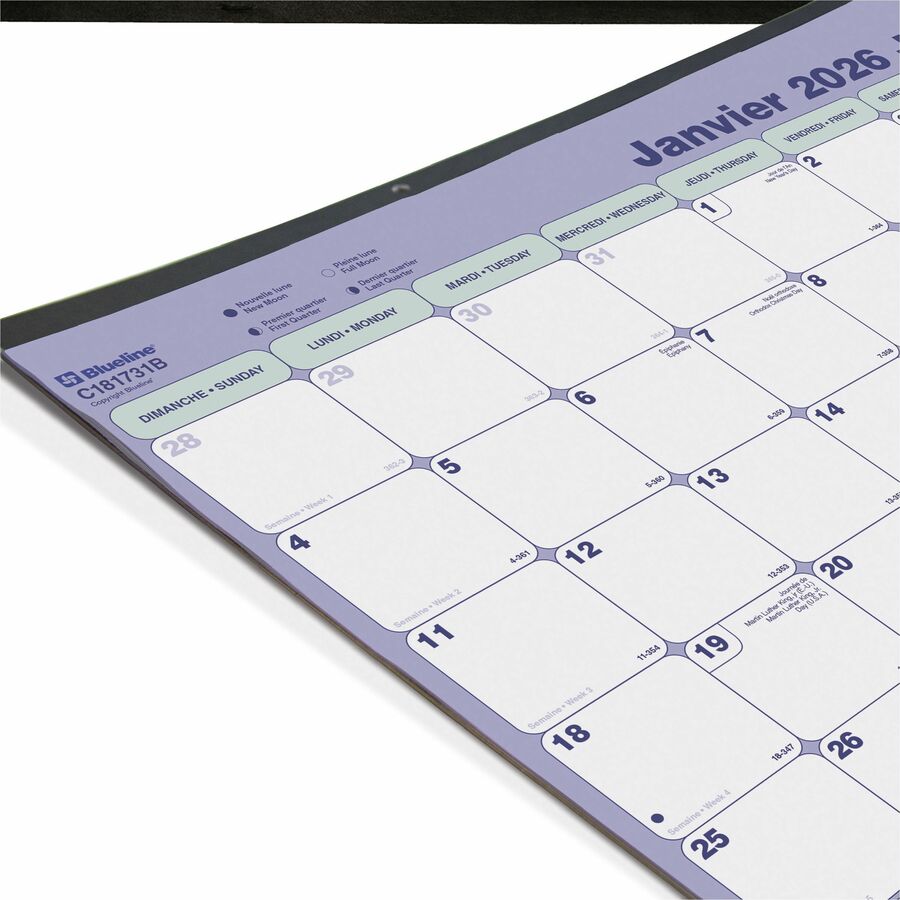 Blueline 2026 Calendrier de bureau/mural mensuel 12 mois - Janvier à Décembre - 21-1/4 po x 16 po - Bilingue