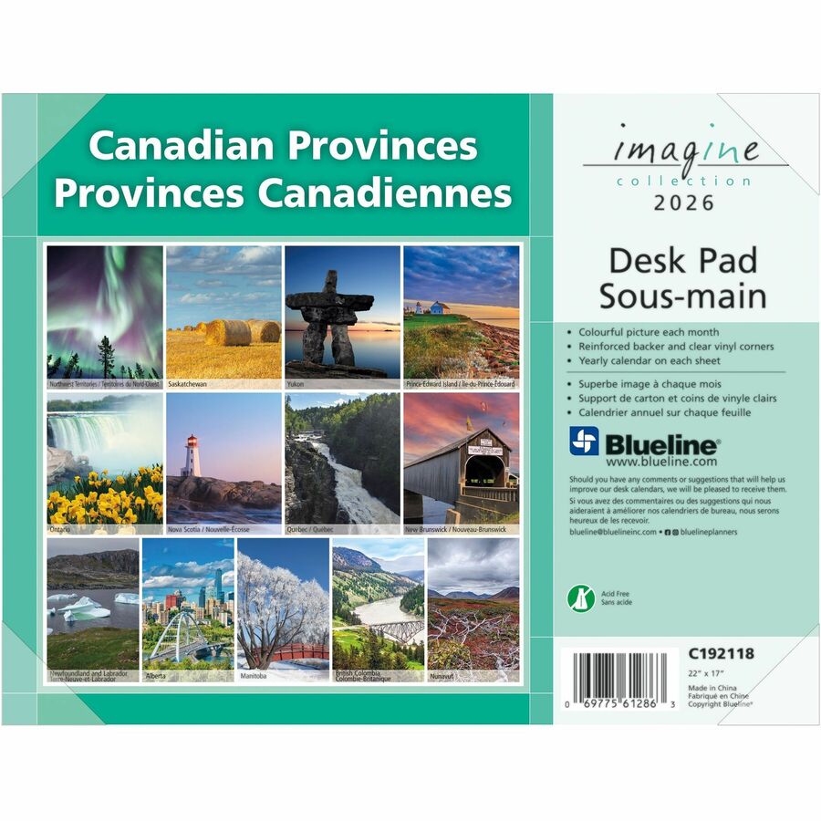 Blueline 2026 Imagine Sous-main mensuel/Calendrier de 12 mois - Janvier à décembre - 22" x 17" - Provinces canadiennes - Bilingue