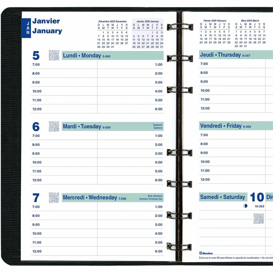 Agenda semainier Blueline 2026 Essential 12 mois – Janvier à Décembre – Noir – 8" x 5" – Bilingue