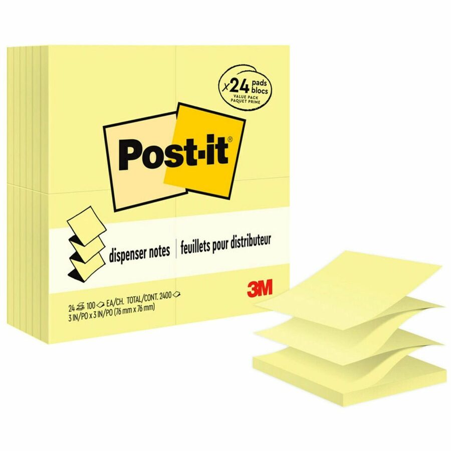 Notes Post-it® en accordéon pour dévidoir | 76×76 mm | Jaune Canari | 100 feuilles/bloc | 24 blocs/paquet