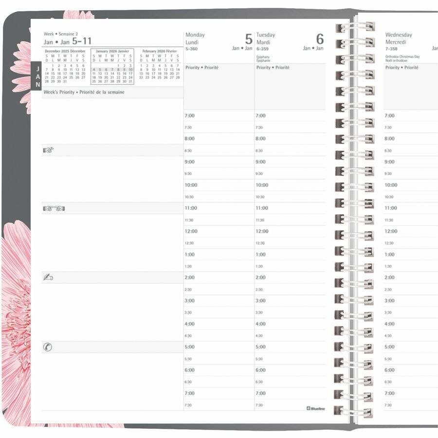 Blueline 2026 Pink Ribbon 13-Month Weekly/Monthly Planner - December to December - 8-1/2" x 6-3/4" - Pink Daisy - Bilingual