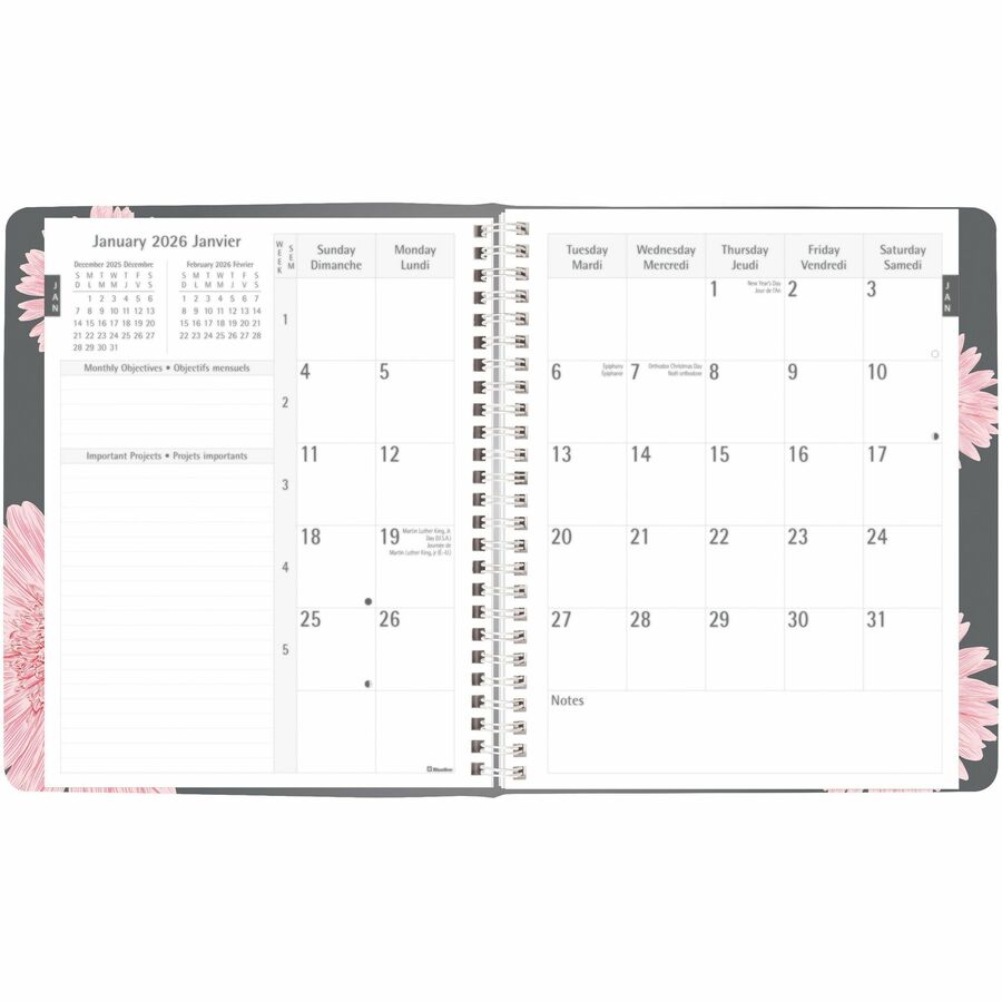 Agenda hebdomadaire/mensuel Blueline 2026 ruban rose, 13 mois, de décembre à décembre, 8,5 po x 6,75 po, marguerite rose, bilingue