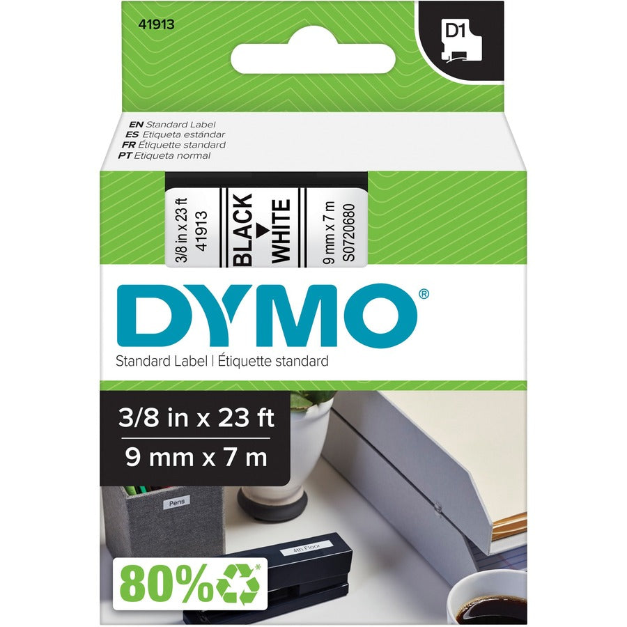 DYMO D1 Label Tape 41913, 3/8 in (9 mm), Black on White