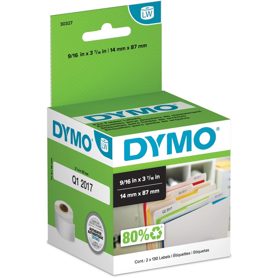 DYMO LabelWriter File Folder Labels 30327, 9/16 x 3-7/16 in, White, 260/Box (2 Rolls)