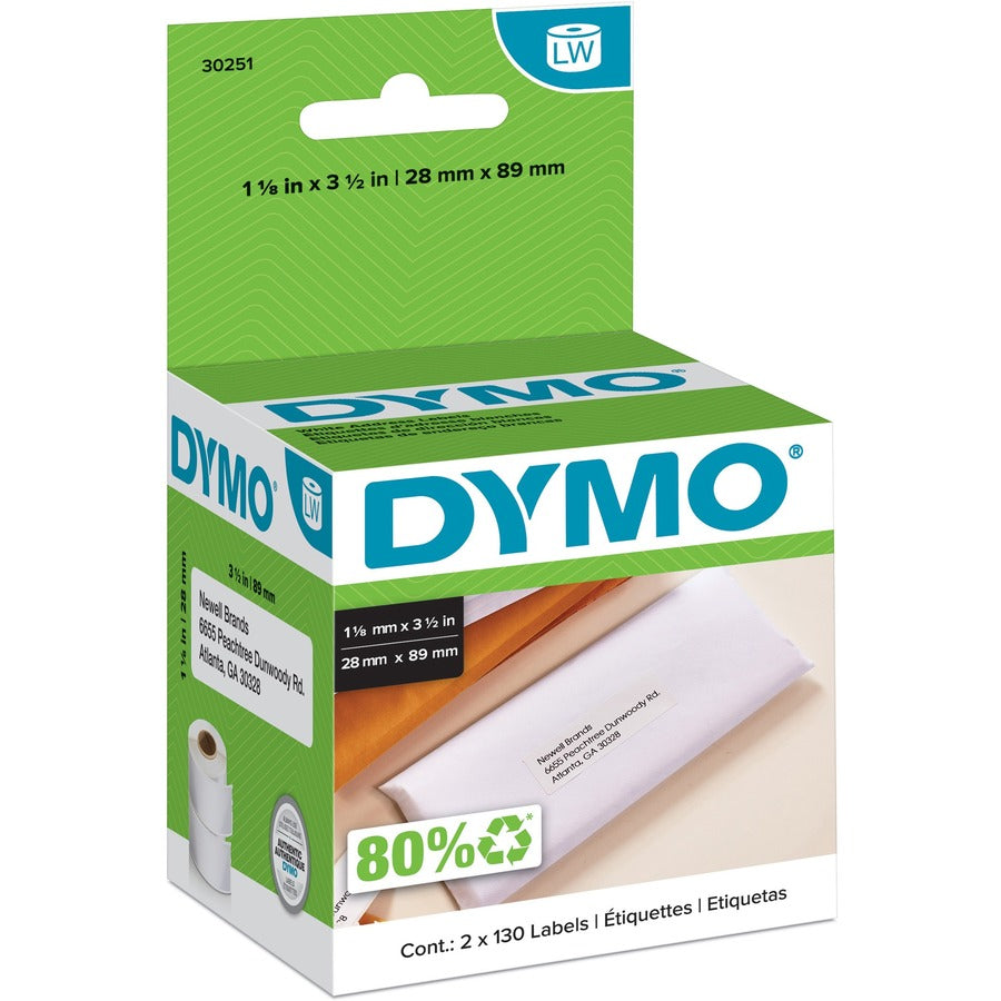 DYMO LabelWriter Address Labels 30251, 1-1/8 x 3-1/2 in, White, 260/Box (2 Rolls)