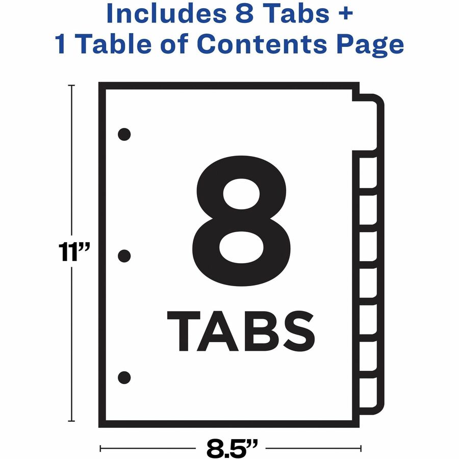 Intercalaires de table des matières Avery Ready Index pour imprimantes laser et jet d'encre, 8 onglets