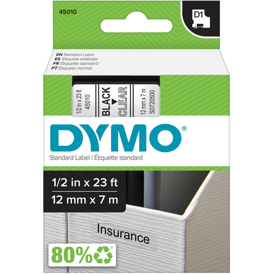 DYMO D1 Label Tape 45010, 1/2 in (12 mm), Black on Clear