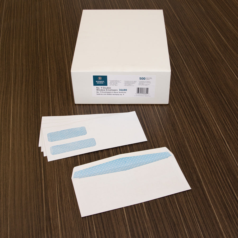 Business Source No. 9 Double-Window Invoice Envelopes, 24 lb — Box of 500