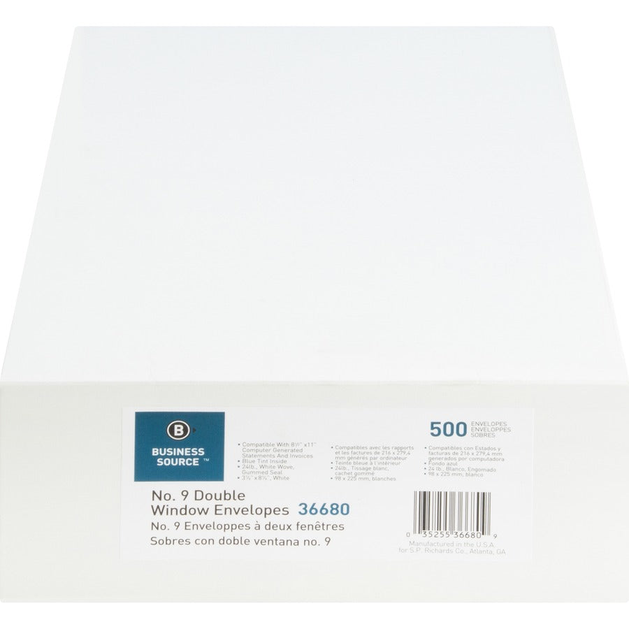 Business Source No. 9 Double-Window Invoice Envelopes, 24 lb — Box of 500