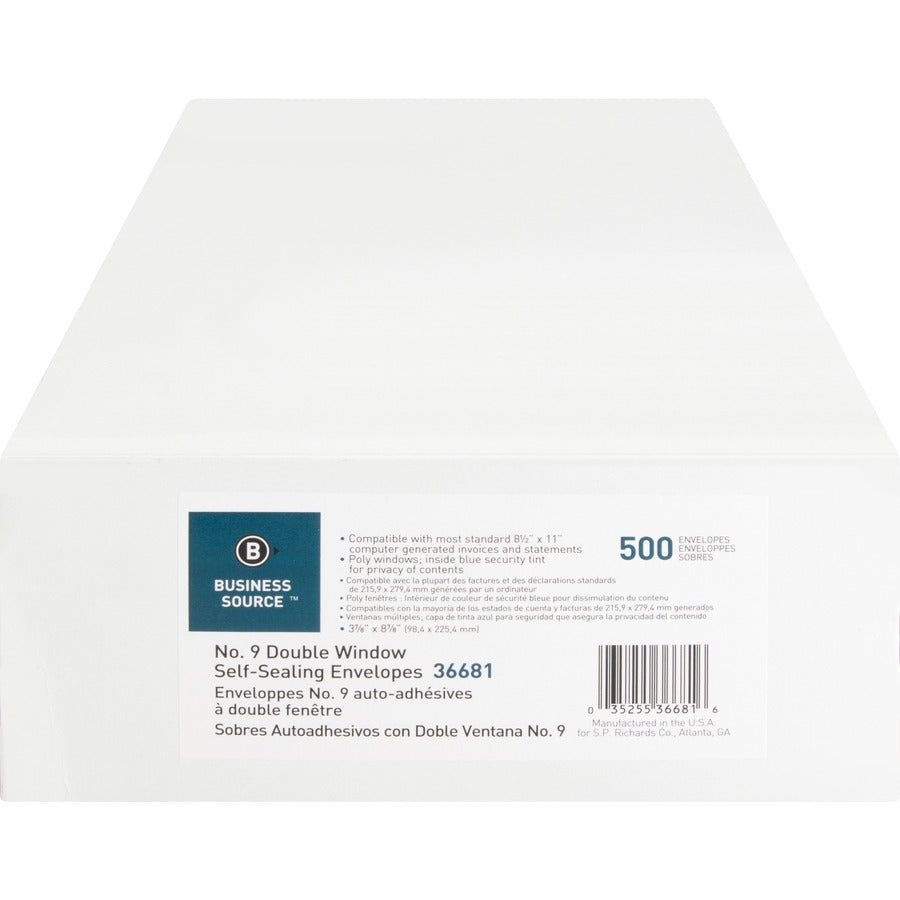 Business Source No. 9 Self-Sealing Double-Window Invoice Envelopes, 24 lb — Box of 500