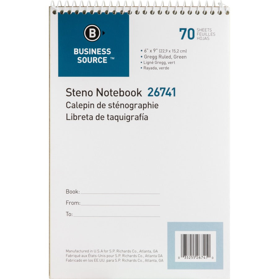 Business Source Wire-Bound Steno Notebook, 6 x 9 Gregg-Ruled, 70 Sheets