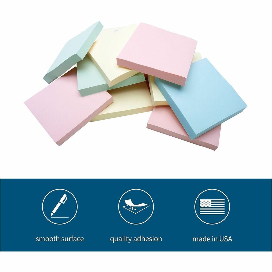 Business Source Pastel Adhesive Notes, 3”×3”, 12 Pads, 1200 Sheets (36614)