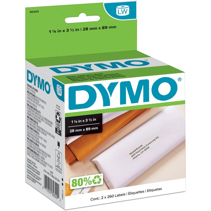 DYMO LabelWriter Address Labels 30320, 1-1/8 x 3-1/2 in, White, 520/Box (2 Rolls)