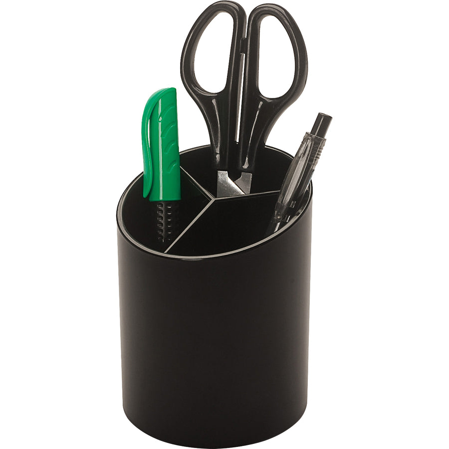 Business Source Large 3-Compartment Plastic Pencil Cup — Black