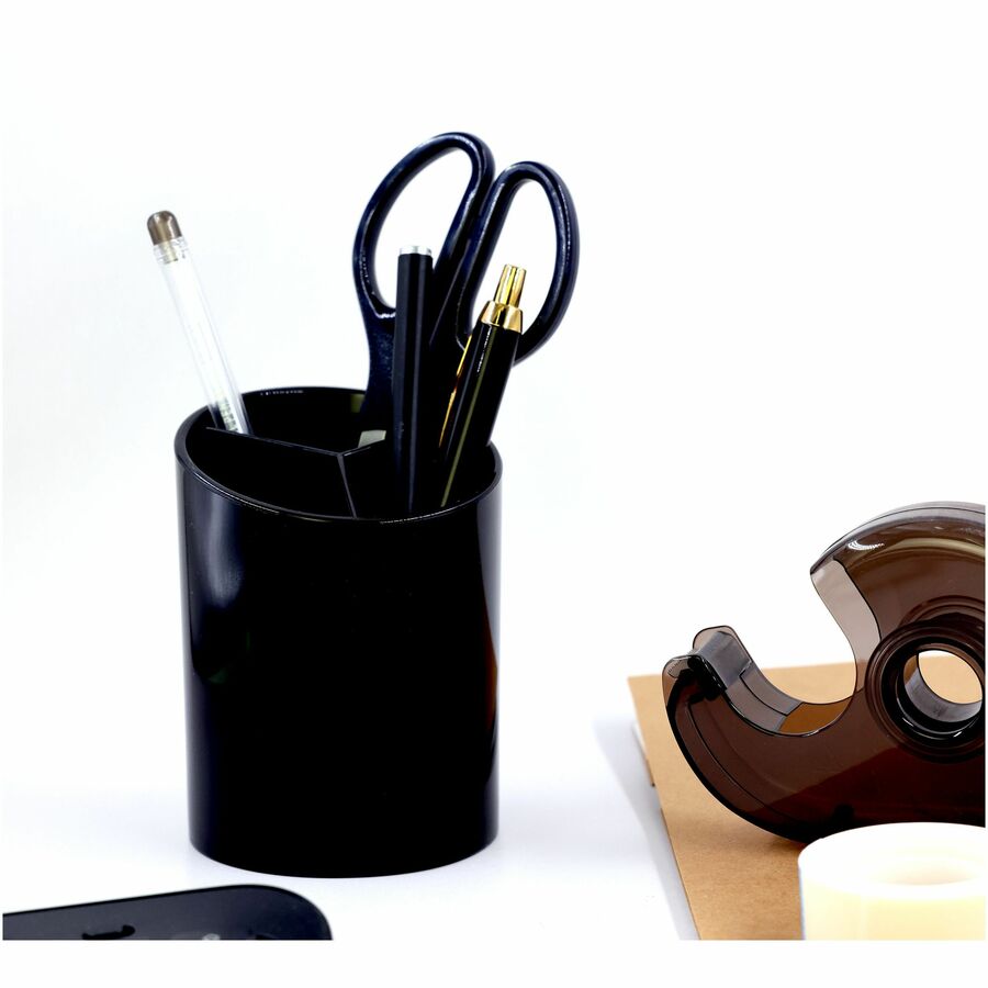 Business Source Large 3-Compartment Plastic Pencil Cup — Black