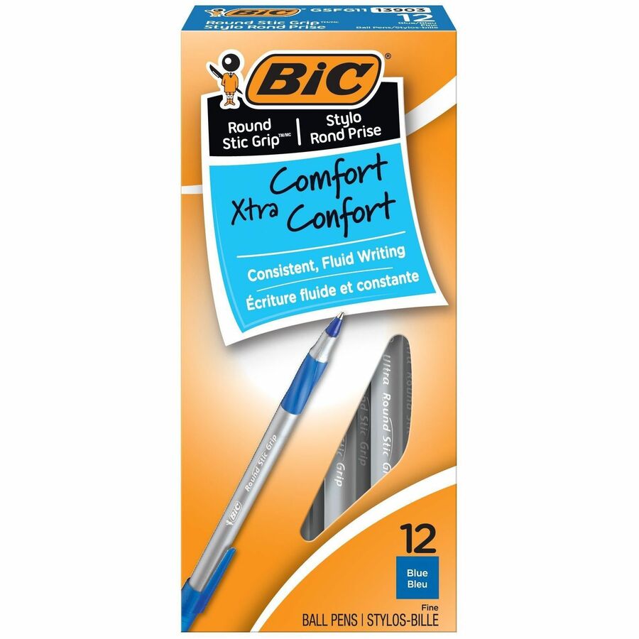 BIC Round Stic Grip Xtra-Comfort Fine Ball Point Pen, Blue, 12 Pack - 12 Pack