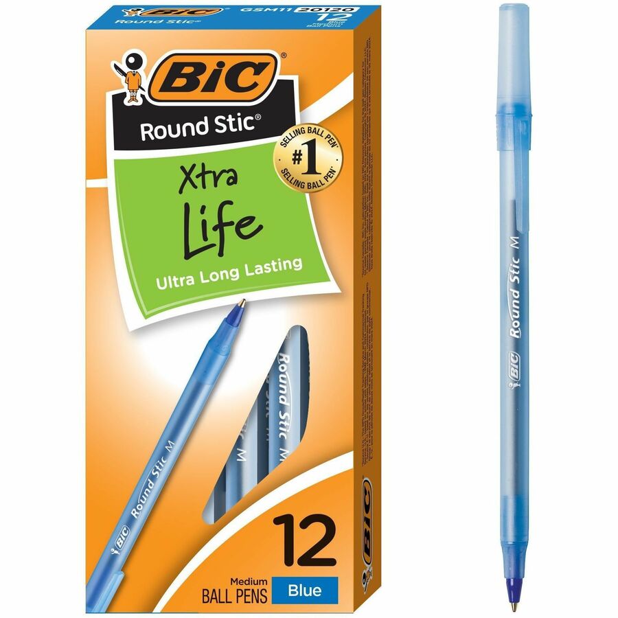 Stylo-bille BIC Round Stic Xtra Life, bleu, paquet de 12, 1 mm (0,04) moyen