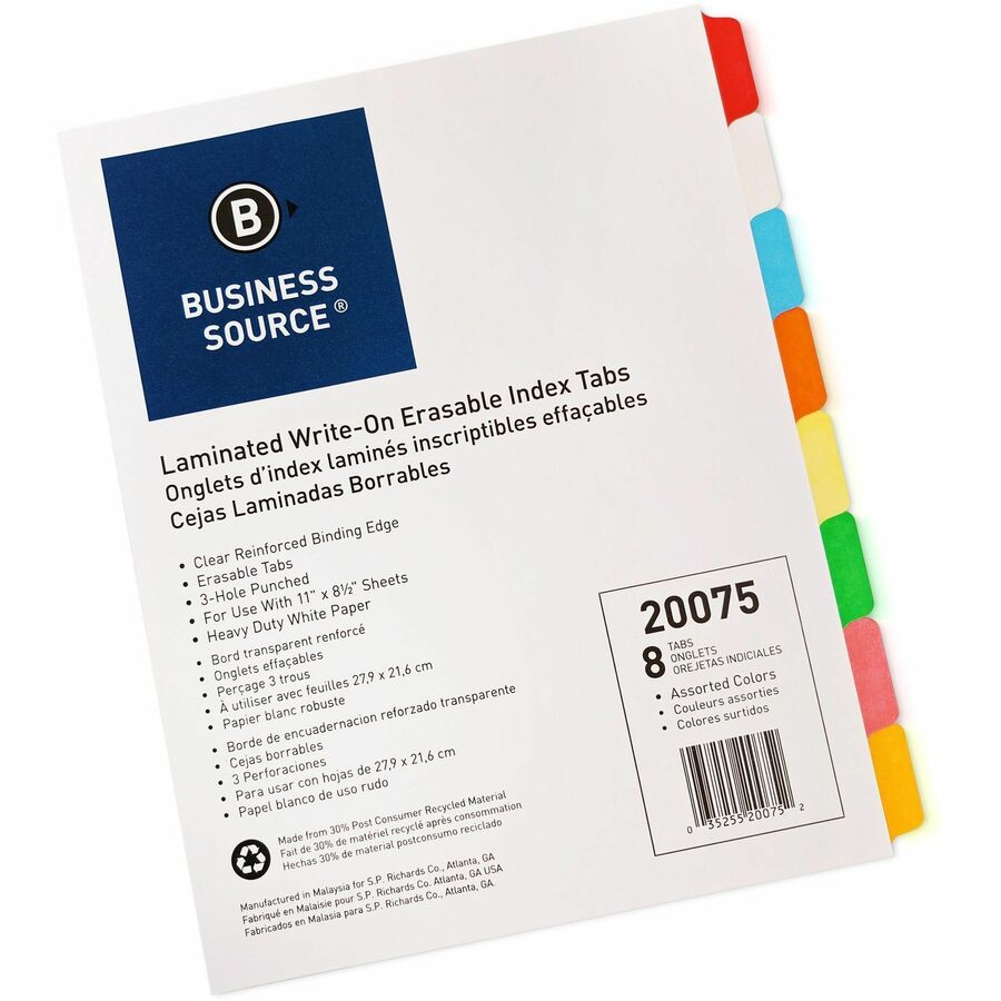 Business Source Laminated Write-On Tab Indexes — 8-Tab Set, Erasable, Multicolour
